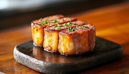 Seared Beef Bites for Restaurant, Wooden Table.