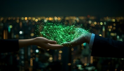 Two hands holding a glowing green digital network over city lights