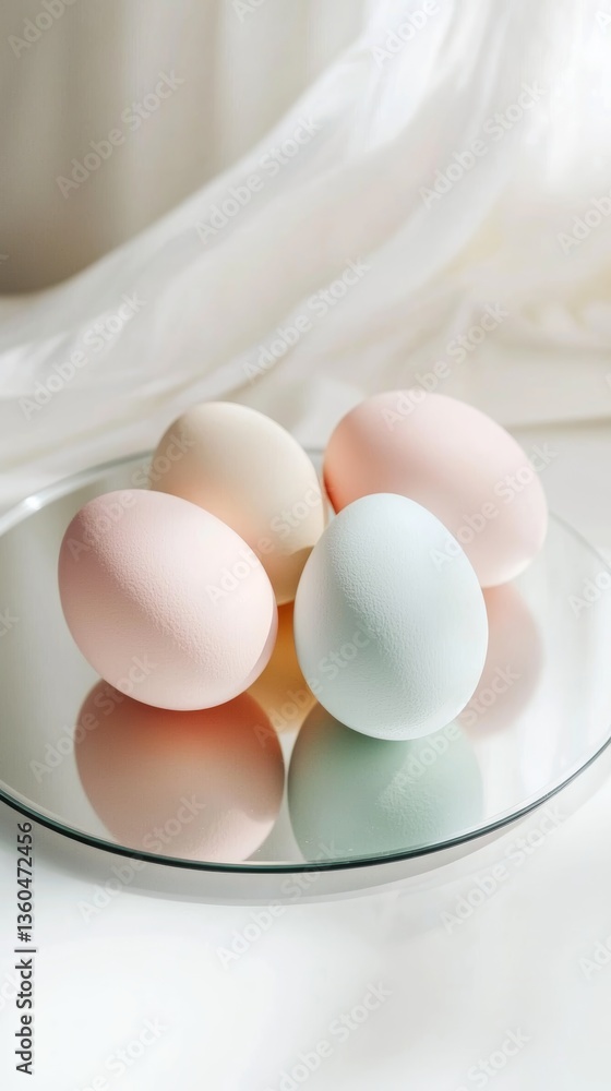 Aufkleber decorative pastel eggs resting on a reflective surface with soft drapery in the background during sp
