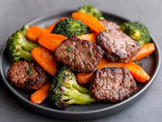 Seared Beef with Carrots, and Broccoli.