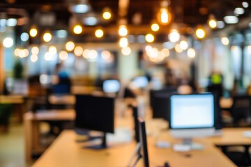 Modern open-plan office with computers and warm ambient lighting in a blurred background
