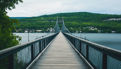 Fototapeta premium Scenic Suspension Bridge Walkway Over Lake and Green Hills