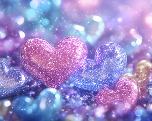Fototapeta premium Glittering hearts sparkle amidst pastel bokeh