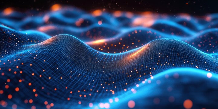 Futuristic abstract background with glowing wireframe structures and digital grid effect