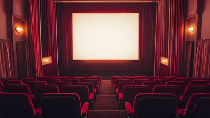 Obraz premium Empty cinema auditorium with red seats and lit white screen