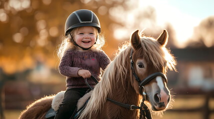 Obraz premium Happy little girl riding pony wearing helmet in autumn sunlight