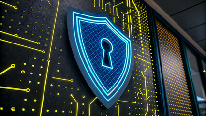A glowing blue shield with a keyhole, symbolizing impenetrable digital security, stands against a backdrop of vibrant circuit lines, ensuring online safety.