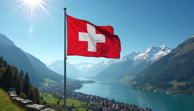 Switzerland flag waving against blue sky mountain landscape. Swiss symbol represents patriotism, travel, tourism, freedom. Red white cross on banner flying above lake, European country.