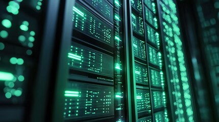 Fototapeta premium A row of server racks with blinking green indicator lights, inside a data center, high - tech, cool - toned, realistic 3D render