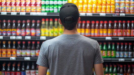 Customer choosing refreshing beverage in supermarket drinks aisle