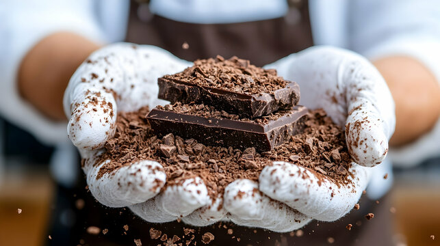 Gloved hands present dark chocolate pieces in cocoa powder