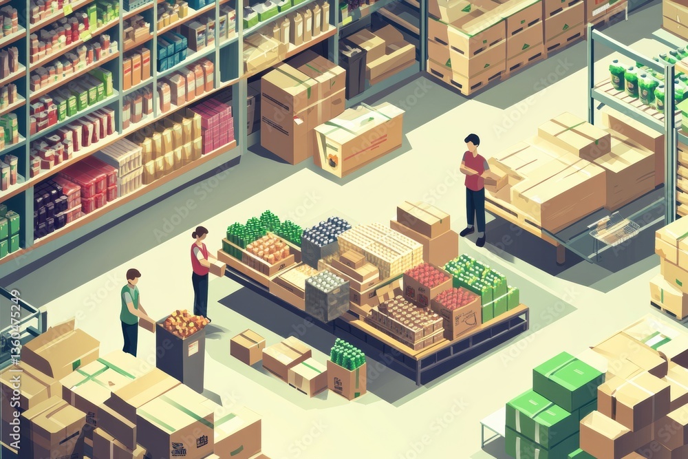 Poster workers pack grocery orders in a modern isometric warehouse featuring stacked boxes and organized sh
