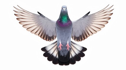 Obraz premium Pigeon in Flight with Fully Spread Wings Isolated on White Background