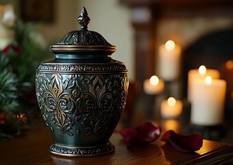 Teal Urn with Candles, and Remembrance.