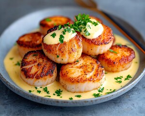 Seared Scallops for Creamy Sauce, Gourmet Dish.