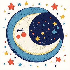 Sleepy Moon for Night Sky, Stars, Dreamland.