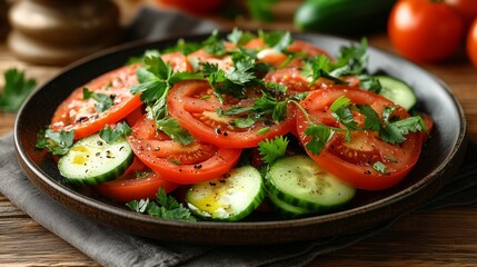 **A gourmet salad plate featuring fresh coriander leaves scattered over juicy tomato slices and crisp cucumber ribbons, placed on a rustic wooden table.