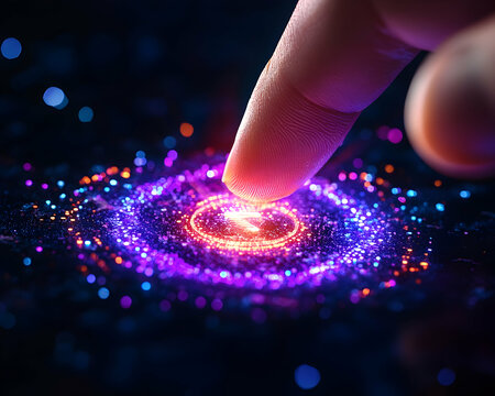 Fingertip touches vibrant digital galaxy