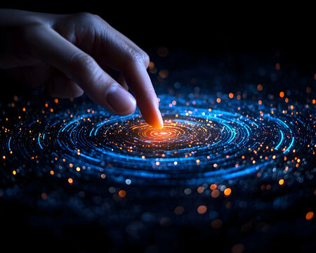 Fingertip touching glowing digital galaxy