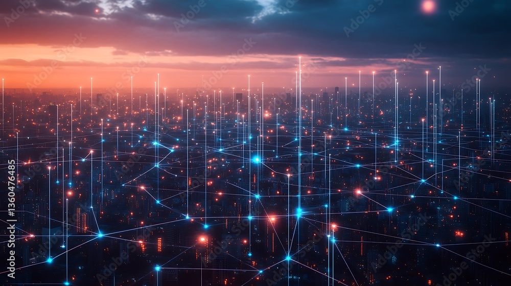 Poster a stunning visualization of a smart city network at sunset interconnectedness and technological adva