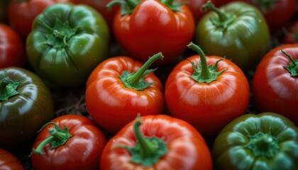 Fototapeta premium Fresh Red and Green Tomatoes Gathered Together on a Market Display