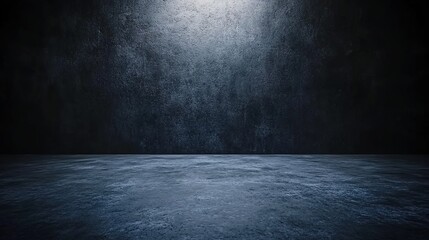 A dark room with rough - textured floor and walls, a beam of light illuminating the wall, moody, industrial style, 3D render