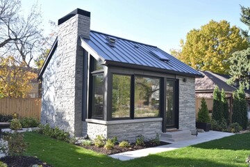 Modern garden shed designed with stone and metal roofing situated in a lush backyard with mature trees on a sunny afternoon