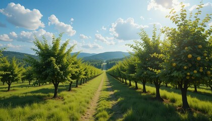 Serene Orchard Pathway Under Bright Sky with Lush Green Trees