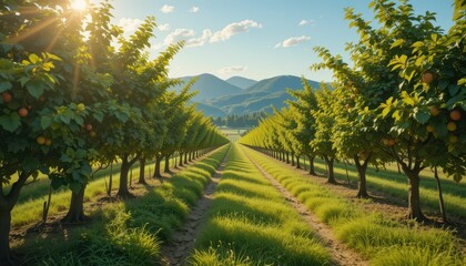 Naklejka premium Scenic Orchard Landscape with Rows of Fruit Trees and Mountains
