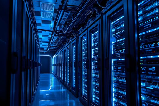 Data center with rows of fully operational server racks, highlighting the role of cloud computing, artificial intelligence, and supercomputing technology in modern digital infrastructure
