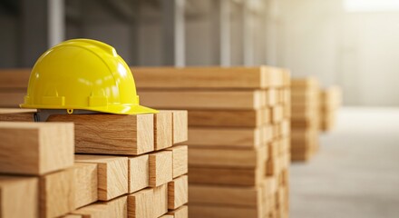 Safety first professional concept. Yellow hard hat lying on stacked lumber. Construction industry safety standards promotion and building material warehouse storage.