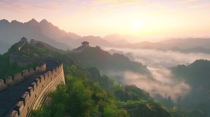 Naklejka premium Majestic sunrise illuminates the Great Wall of China amidst serene mountain landscape