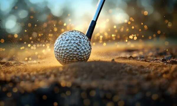 Golf ball struck in sand at sunset