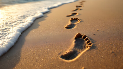 Footprints in the Sand Leading to the Ocean - Tranquility, Journey, and Passing Time Concept