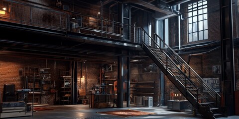 Fototapeta premium Industrial Loft Interior Design with Brick Walls and Metal Staircase