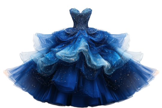 A Celestial Blue Ballgown, Shimmering With Starlight, Awaits A Fairytale Debut Its Layers Of Tulle Create A Breathtaking Ombre Effect Isolated on Transparent Background