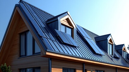 Modern sustainable home with solar panels on a pitched roof.  Wooden siding and energy-efficient design