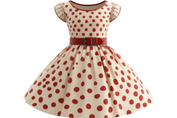 A Charming Cream Dress Adorned With Rustic Red Polka Dots, Cinched At The Waist With A Rich Brown Belt, Exudes Vintage Elegance And Youthful Joy Isolated on Transparent Background