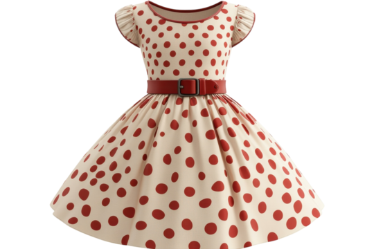 A Charming Cream Dress Adorned With Rustic Red Polka Dots, Cinched At The Waist With A Rich Brown Belt, Exudes Vintage Elegance And Youthful Joy Isolated on Transparent Background