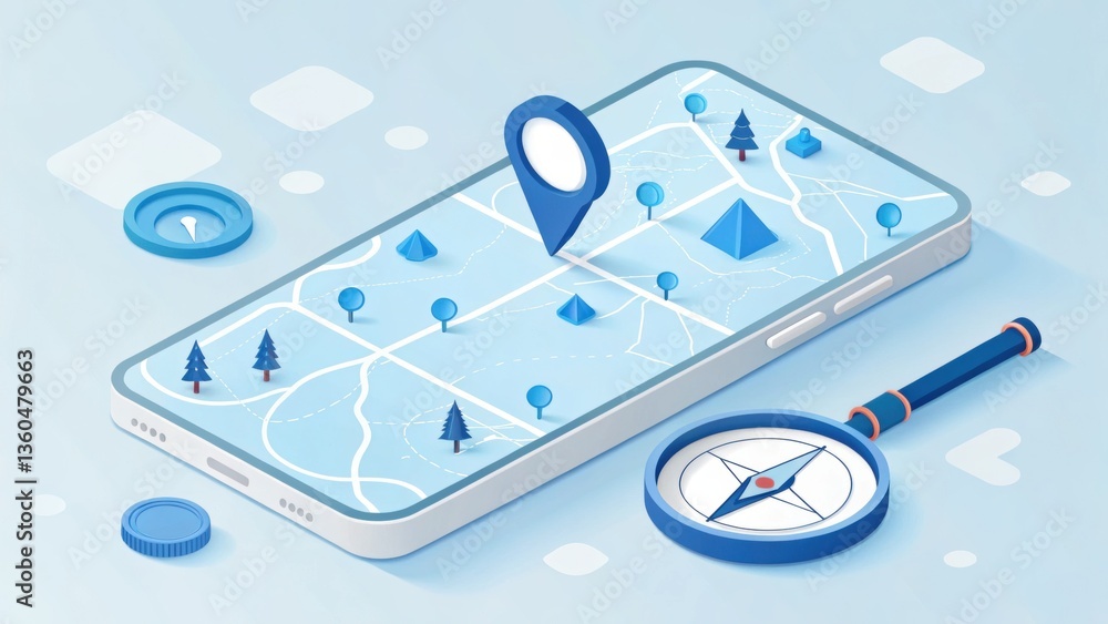 Poster digital navigation: a smart phone displays a detailed map with a prominent location marker, compleme