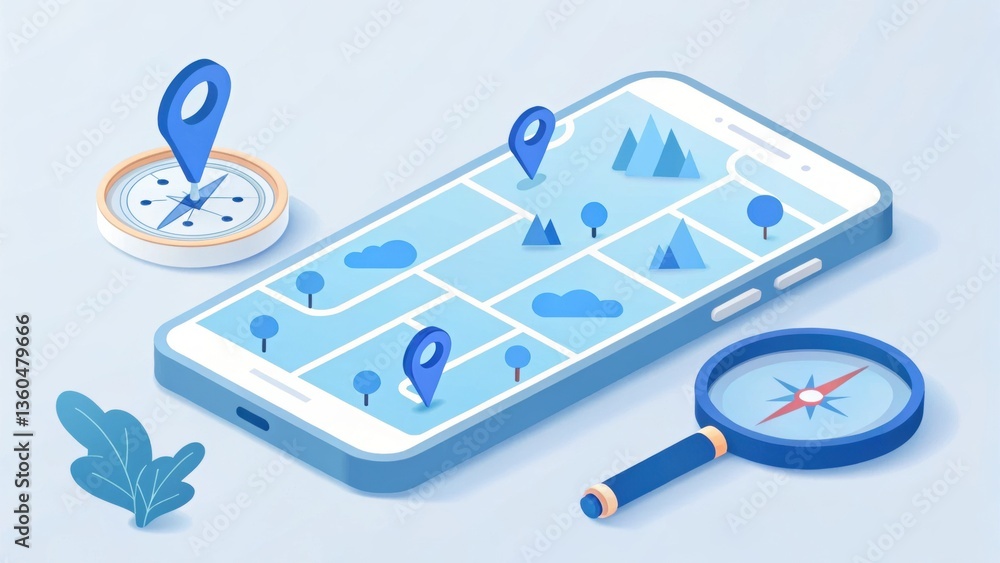 Poster digital navigation: modern illustration of a smartphone displaying a map with location markers, alon