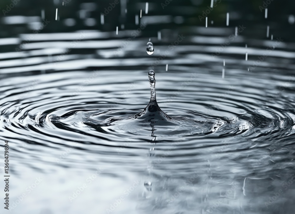 Poster Raindrops falling on water surface creating ripples and splashes