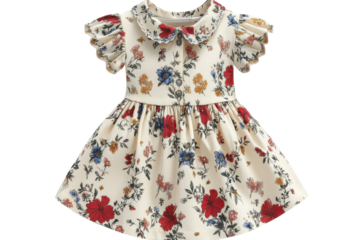 A Charming Cream Dress Adorned With Vibrant Floral Prints, Perfect For A Little Girls Special Occasion, Featuring A Peter Pan Collar And Ruffled Short Sleeves Isolated on Transparent Background
