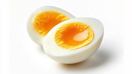 A soft - boiled egg cut in half with a runny yolk, on a white background, high - resolution, food photography, close - up