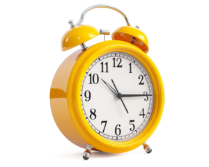 a yellow alarm clock with bells on a transparent background
