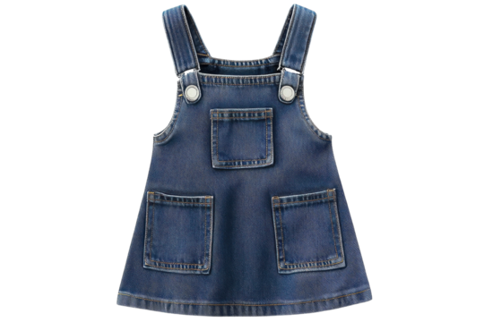 A Charming Denim Pinafore Dress For Little Girls, Perfect For Playtime Adventures, Featuring Practical Pockets And Adjustable Straps Against A Clean Isolated on Transparent Background