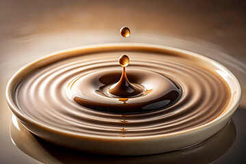 A high-speed capture of a single drop of dark espresso hitting the surface of a creamy milk-filled cup, creating subtle ripples. The cup is simple and unadorned, placed on a neutral-toned background