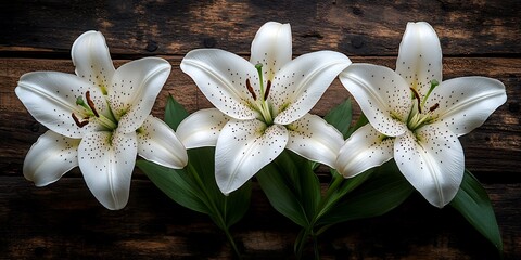 Three White Lilies Wood Background.