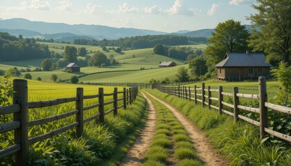 Serene Country Path with Lush Green Fields and Rolling Hills
