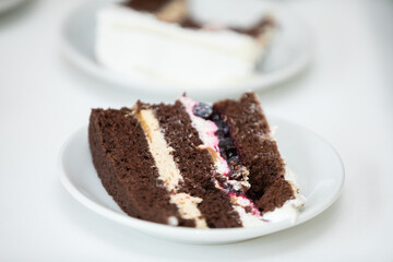 Indulge in a Delicious Slice of Chocolate Cake Crafted with Creamy Filling and Fresh Berries